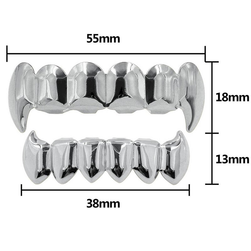 JINAO Silver Vampire Fangs Teeth Grillz Face 18K Gold Plated Top Bottom Grills for Your Teeth Set for Men and Women Hip Hop Jewelry (Silver grillz) - Image 2